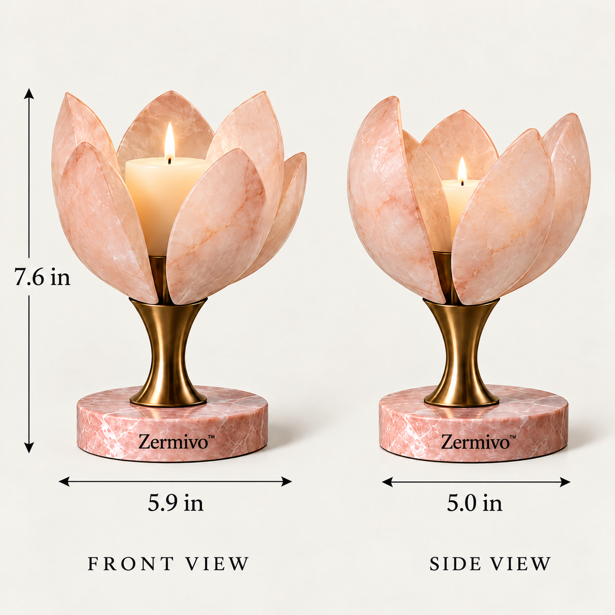 Zermivo™ Rose Marble Bloom – Alabaster Petal Candle Holder with Brushed Bronze Stem