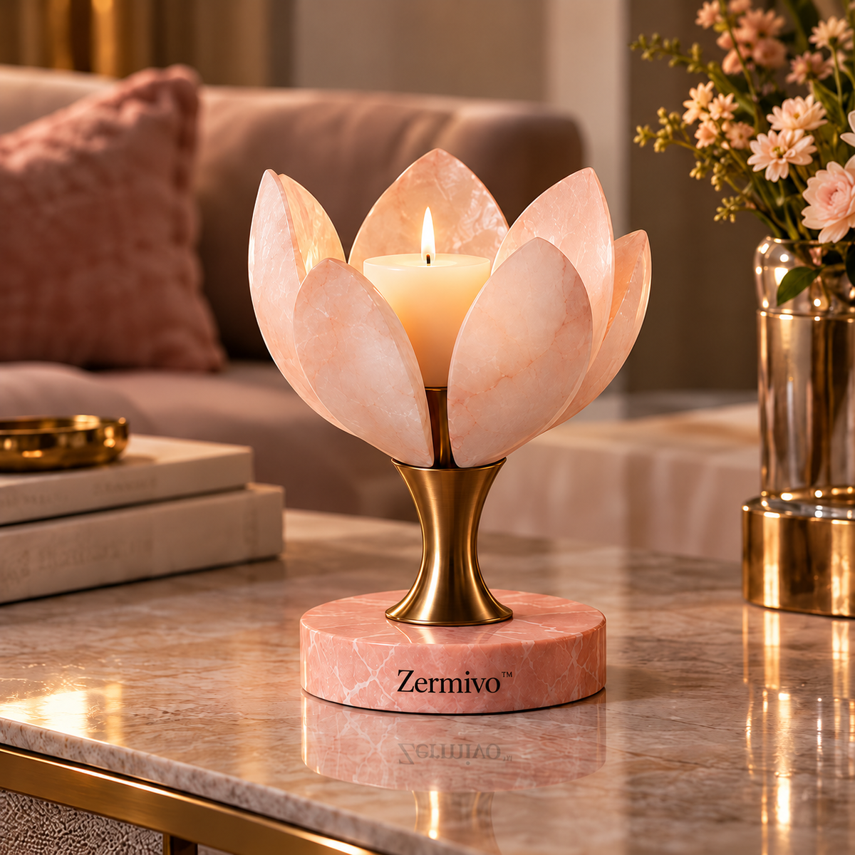Zermivo™ Rose Marble Bloom – Alabaster Petal Candle Holder with Brushed Bronze Stem