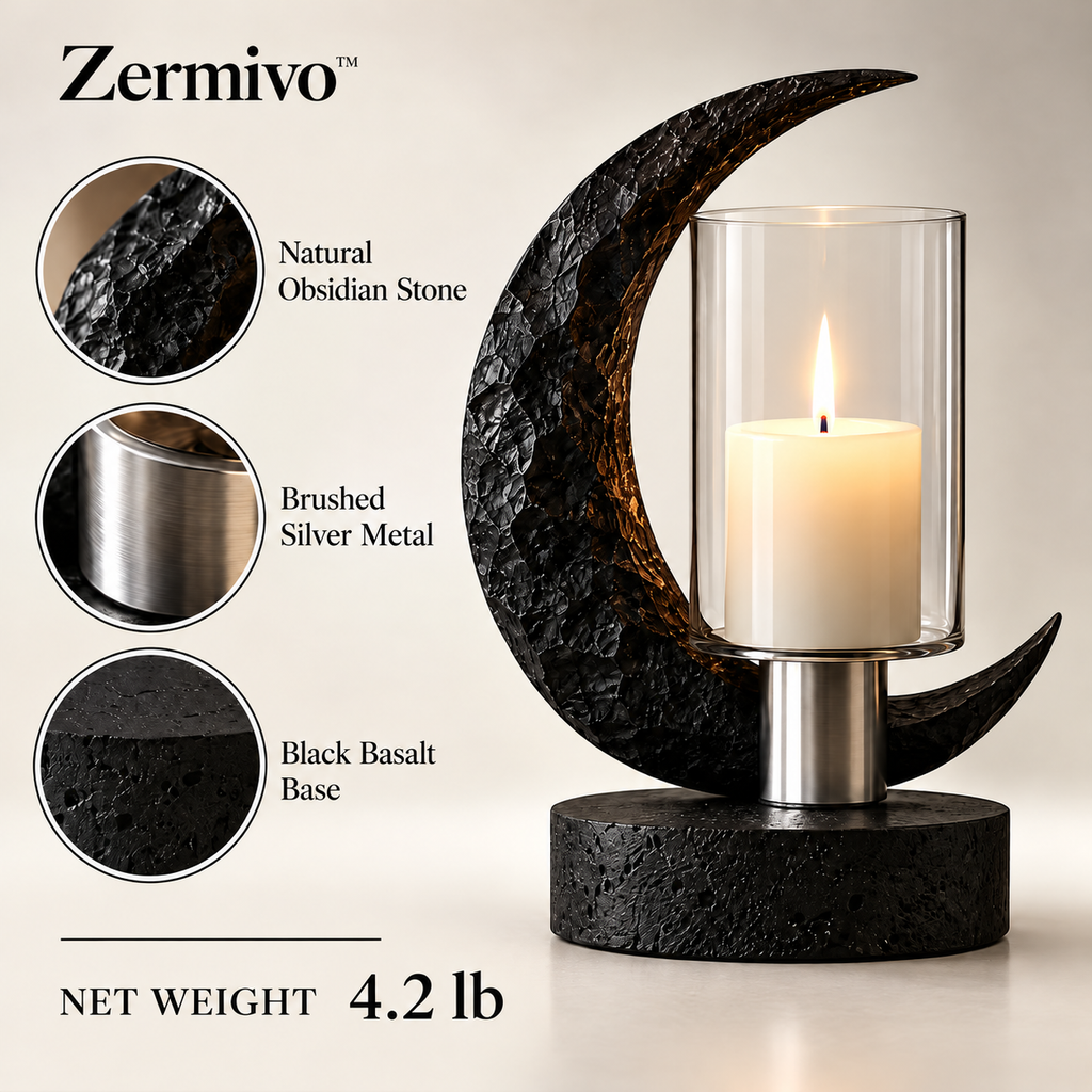Zermivo™ Obsidian Eclipse – Sculptural Obsidian Stone Candle Holder with Glass Hurricane and Black Basalt Base