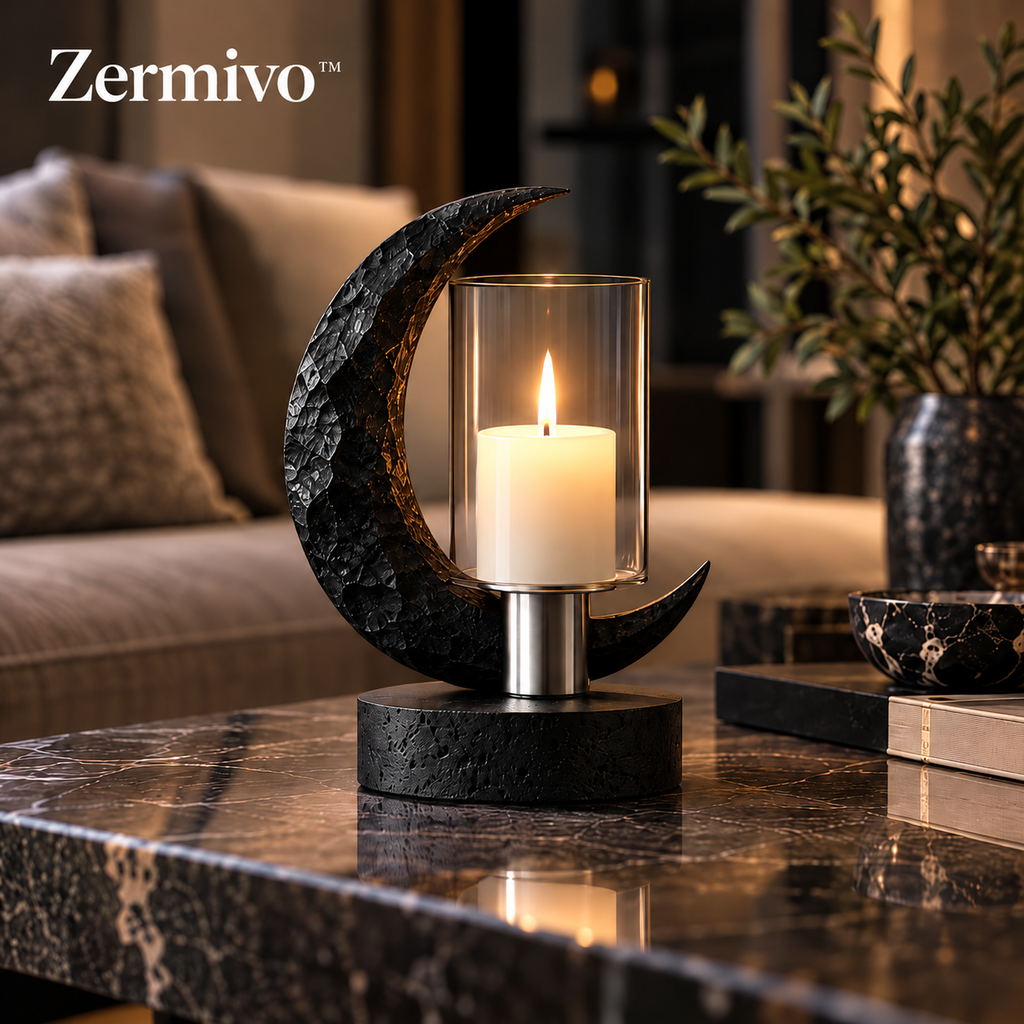 Zermivo™ Obsidian Eclipse – Sculptural Obsidian Stone Candle Holder with Glass Hurricane and Black Basalt Base