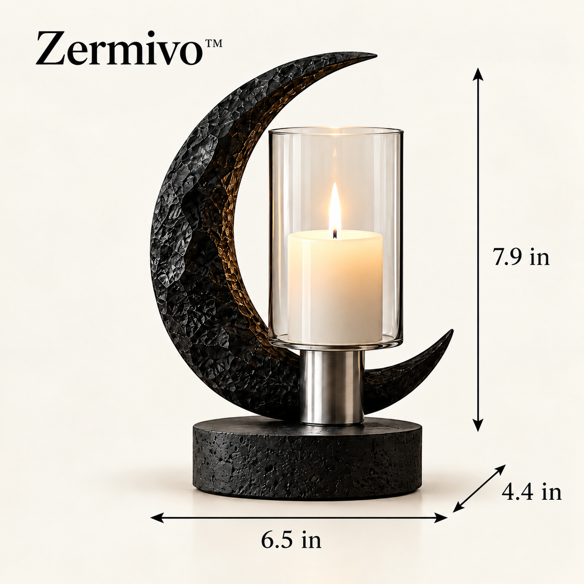 Zermivo™ Obsidian Eclipse – Sculptural Obsidian Stone Candle Holder with Glass Hurricane and Black Basalt Base