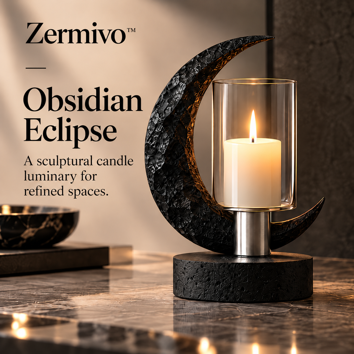 Zermivo™ Obsidian Eclipse – Sculptural Obsidian Stone Candle Holder with Glass Hurricane and Black Basalt Base