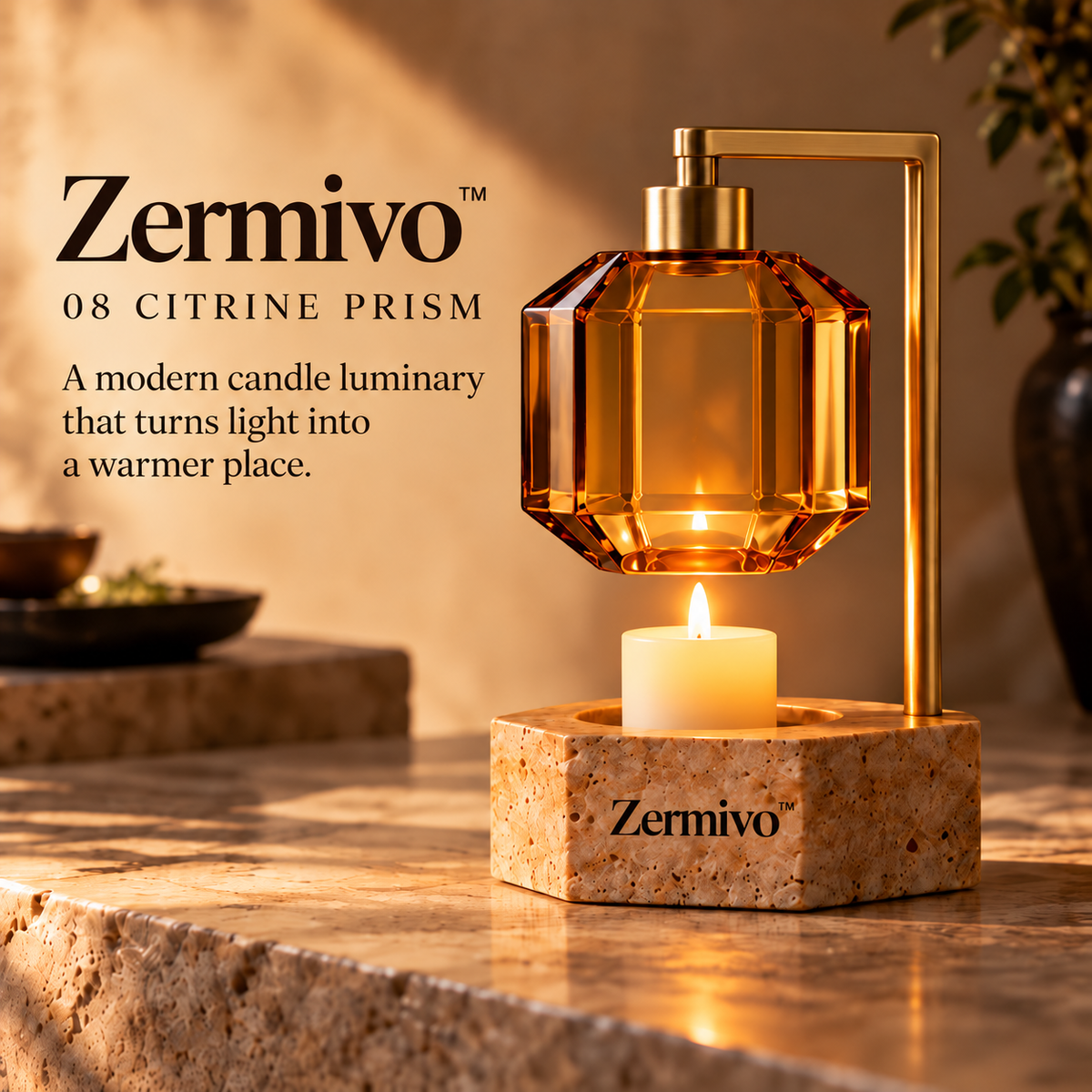Zermivo™ Citrine Prism – Faceted Honey Glass Candle Holder with Brushed Brass Frame and Ochre Travertine Base
