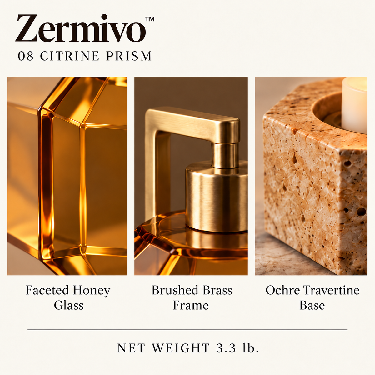 Zermivo™ Citrine Prism – Faceted Honey Glass Candle Holder with Brushed Brass Frame and Ochre Travertine Base