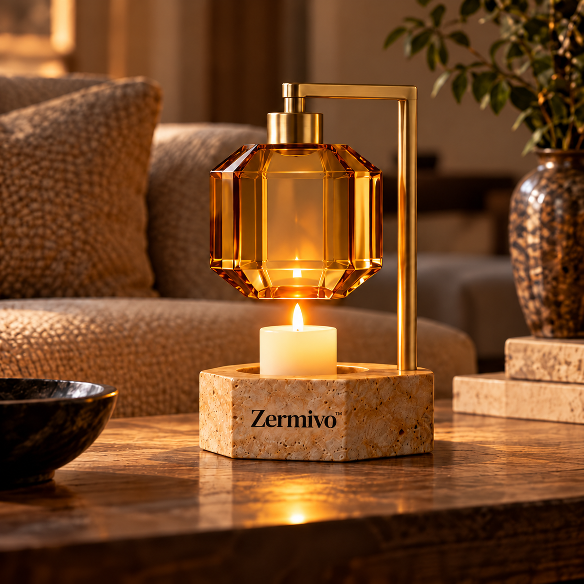 Zermivo™ Citrine Prism – Faceted Honey Glass Candle Holder with Brushed Brass Frame and Ochre Travertine Base