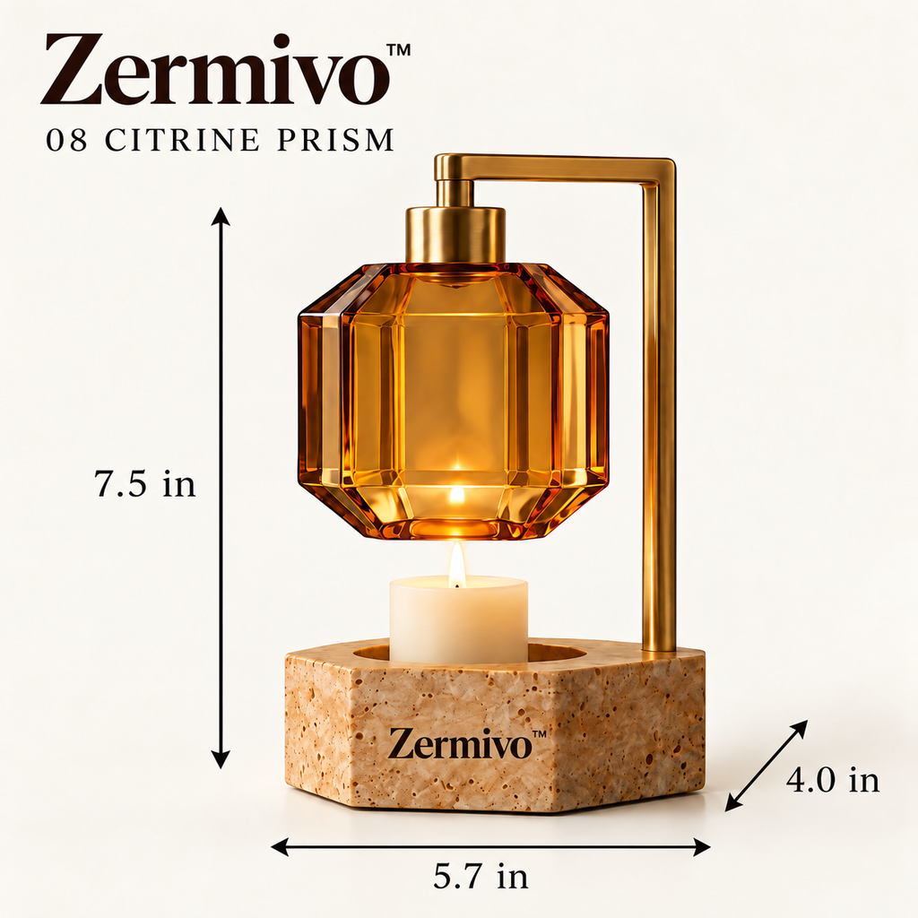 Zermivo™ Citrine Prism – Faceted Honey Glass Candle Holder with Brushed Brass Frame and Ochre Travertine Base