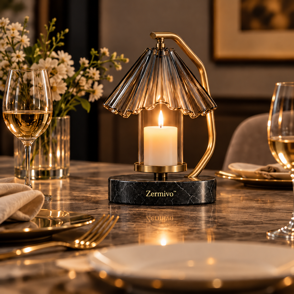 Zermivo™ Vesper Fold – Sculptural Smoked Optical Glass Candle Holder with Brushed Brass Frame and Charcoal Marble Base