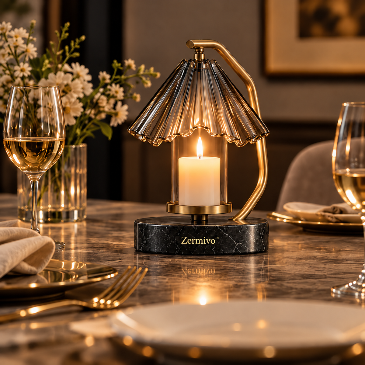 Zermivo™ Vesper Fold – Sculptural Smoked Optical Glass Candle Holder with Brushed Brass Frame and Charcoal Marble Base