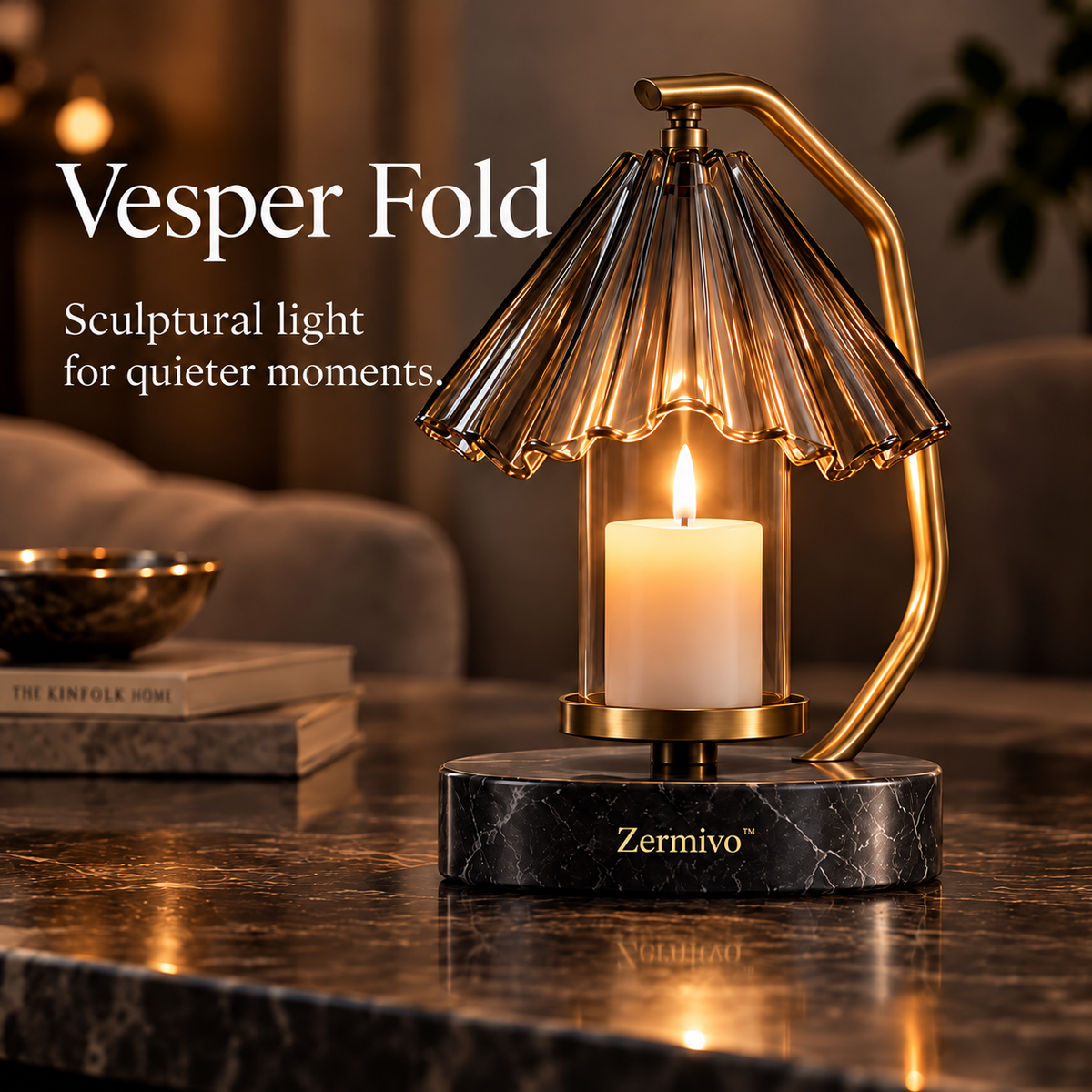 Zermivo™ Vesper Fold – Sculptural Smoked Optical Glass Candle Holder with Brushed Brass Frame and Charcoal Marble Base