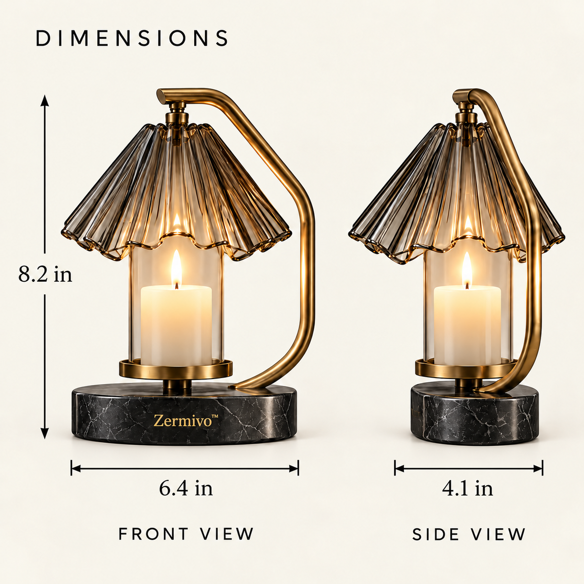 Zermivo™ Vesper Fold – Sculptural Smoked Optical Glass Candle Holder with Brushed Brass Frame and Charcoal Marble Base