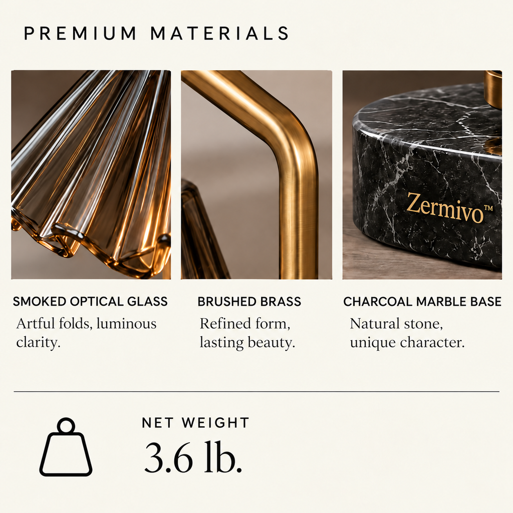 Zermivo™ Vesper Fold – Sculptural Smoked Optical Glass Candle Holder with Brushed Brass Frame and Charcoal Marble Base